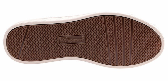 Allen's Bootery Spenco Santa Clara casual sneaker showing the brown rubber outsole with a textured herringbone tread.