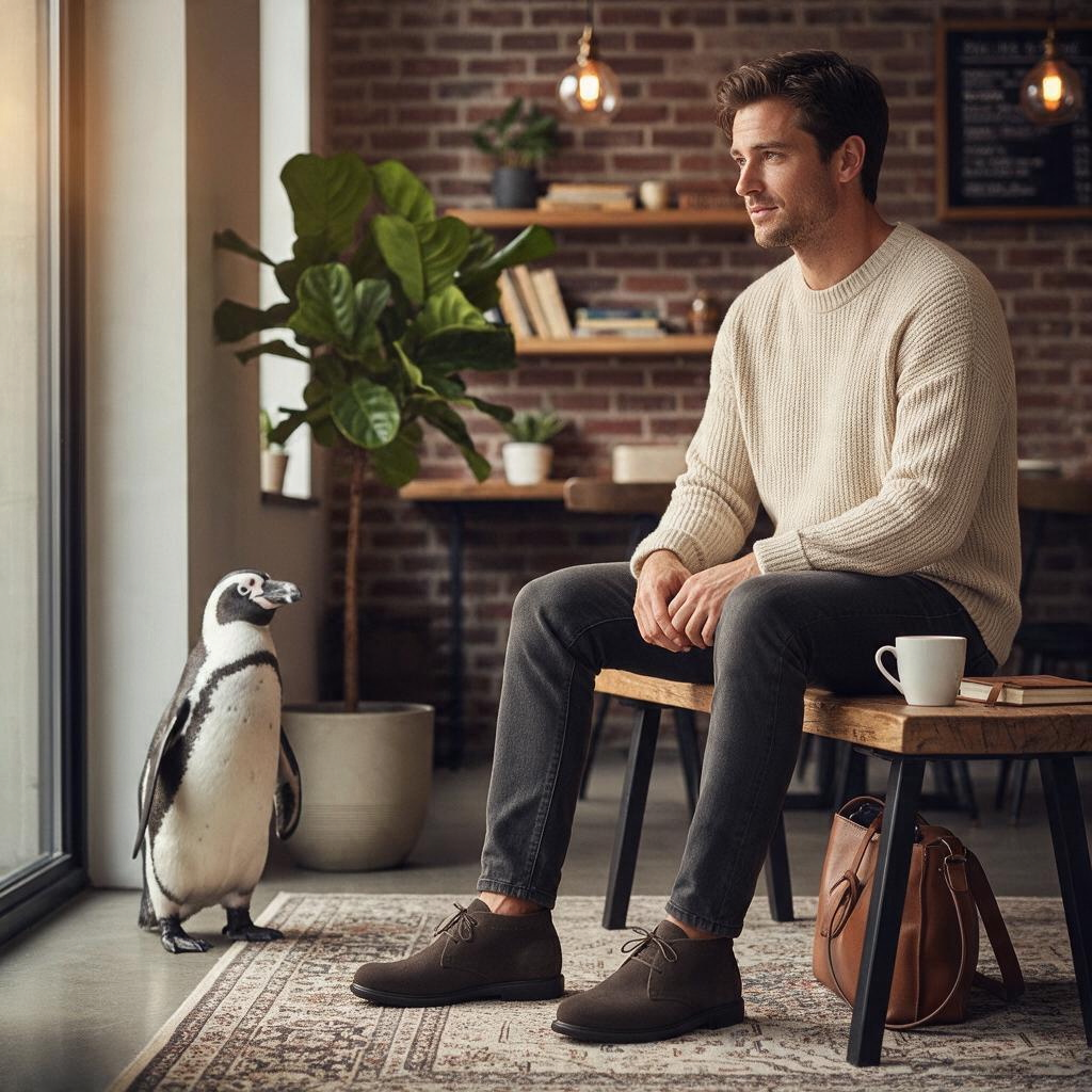 Allen's Bootery Statesman Chukka Boot in coffee bean leather worn by a man sitting on a bench next to a penguin.