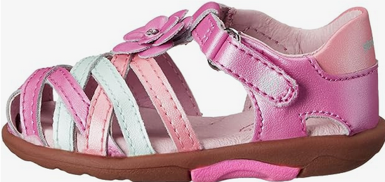 Allen's Bootery Stride Rite toddler sandal in pink and white with floral detail and hook-and-loop strap closure