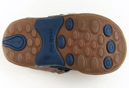 Allen's Bootery Stride Rite toddler sneaker showing the brown and blue rubber SRtech tread outsole for traction