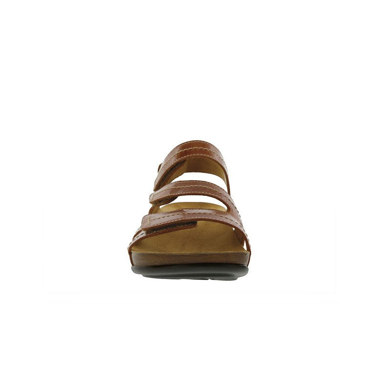 Allen's Bootery Swerve chestnut brown leather sandal with adjustable hook and loop straps and contoured footbed.