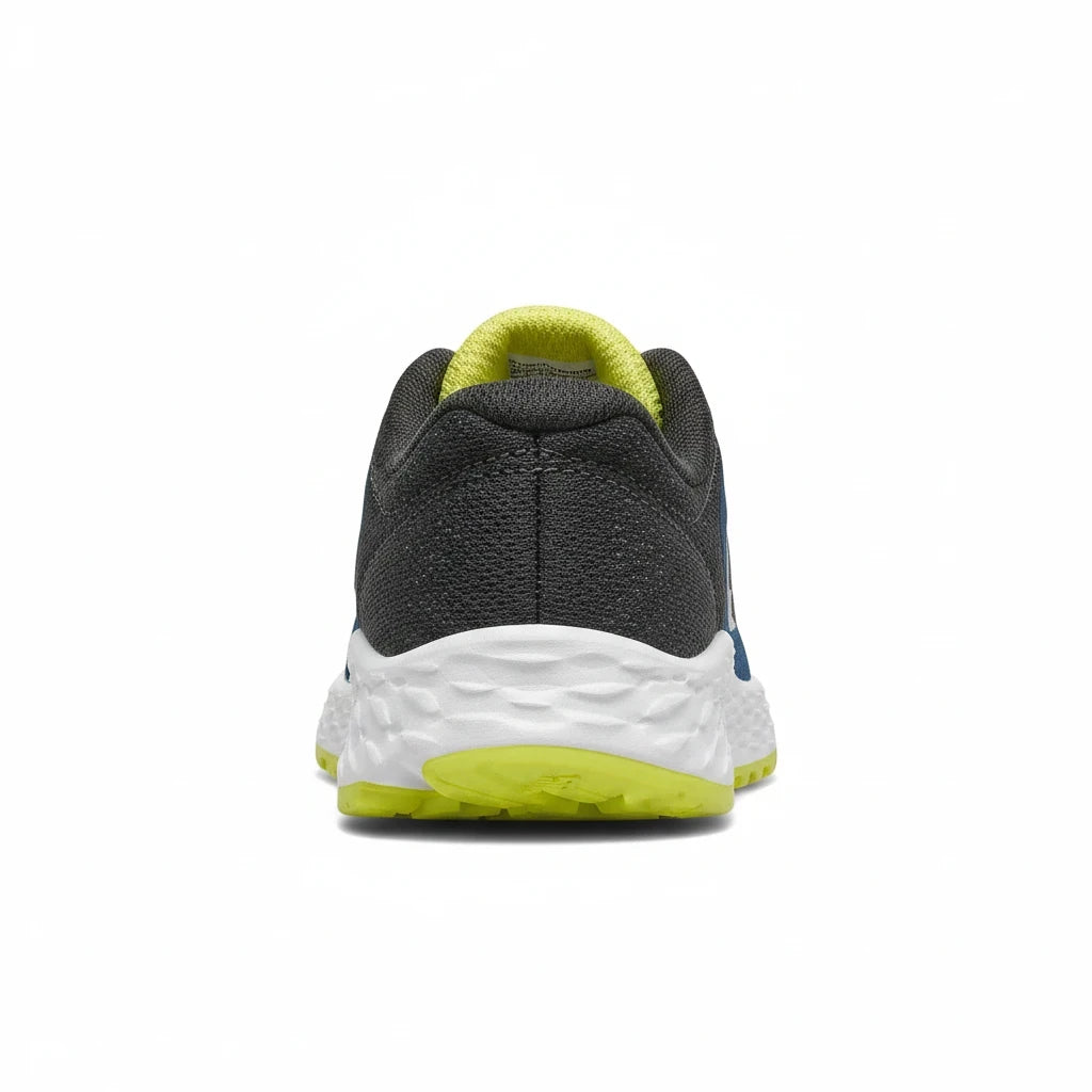 Allen's Bootery toddler Arishi v2 sneaker in black mesh with lime green lining and white EVA midsole, back view