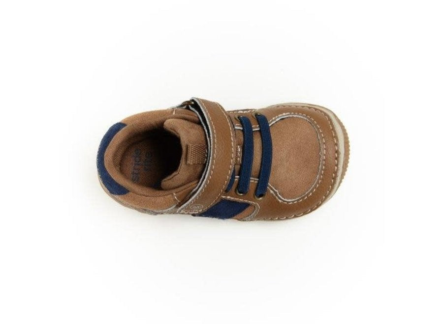 Allen's Bootery Stride Rite Wes toddler sneaker in truffle brown leather and suede with navy blue accents