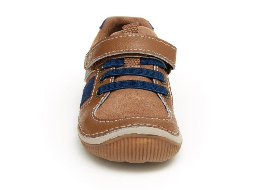 Allen's Bootery Stride Rite Wes toddler sneaker in truffle brown leather and suede with blue elastic laces