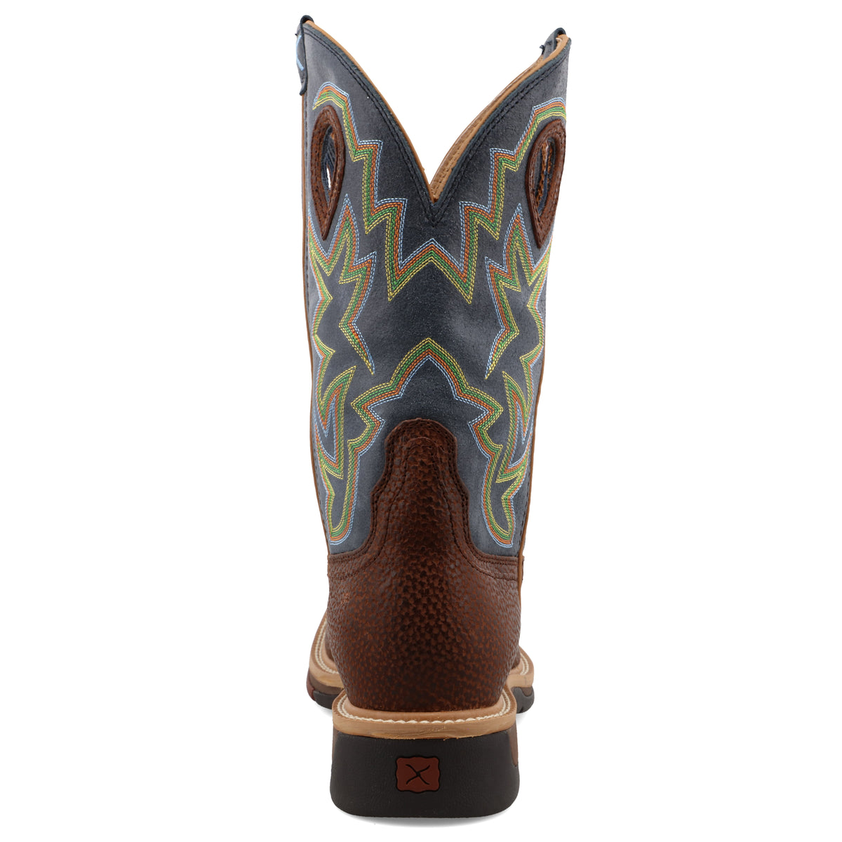 Allen's Bootery Twisted X men's 12-inch western work boot in navy and peanut leather with colorful shaft stitching