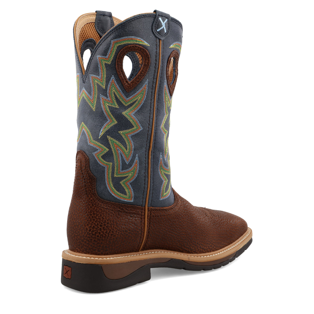 Allen's Bootery Twisted X men's 12-inch navy and peanut leather western work boot with colorful shaft stitching