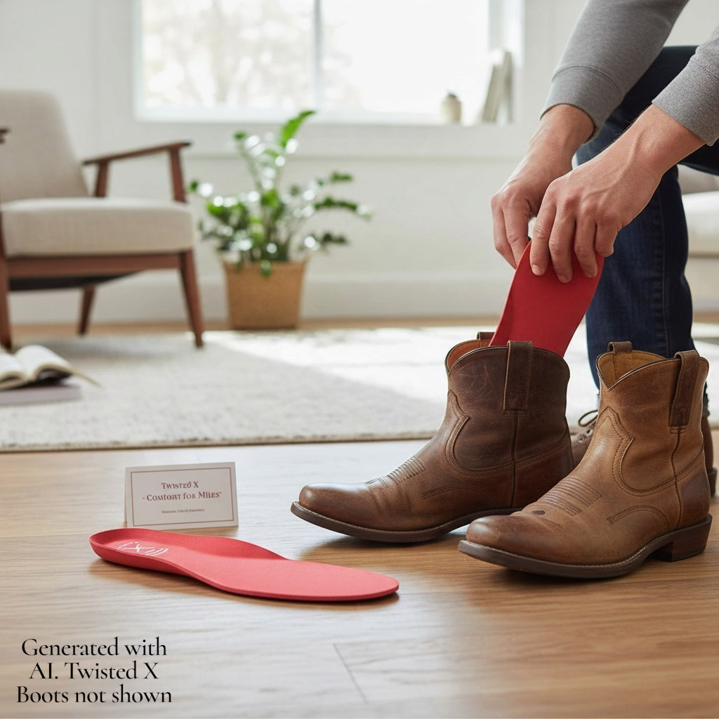 Allen's Bootery Twisted X replacement red insole being inserted into a brown leather round toe boot