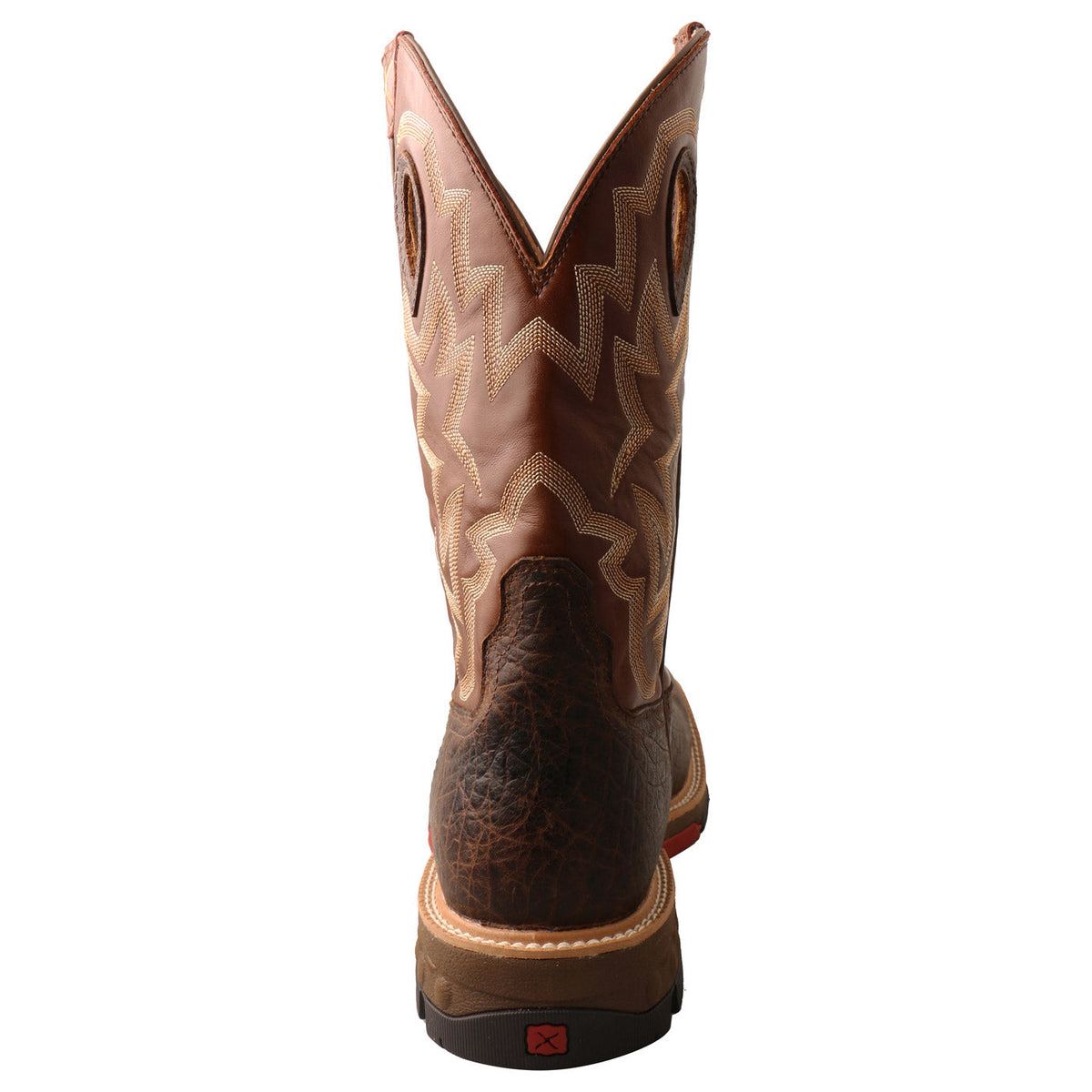 Allen's Bootery Twisted X men's 12-inch western work boot in chocolate and spice leather, back view showing shaft detail