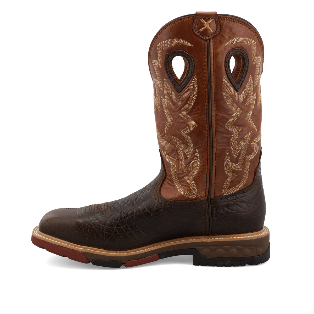 Allen's Bootery Twisted X men's 12-inch waterproof alloy toe western work boot in chocolate and spice full-grain leather