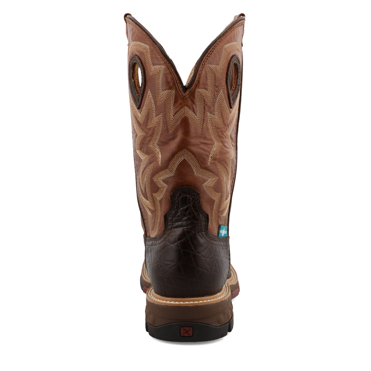 Allen's Bootery Twisted X men's 12-inch waterproof western work boot in chocolate and spice leather, back view.
