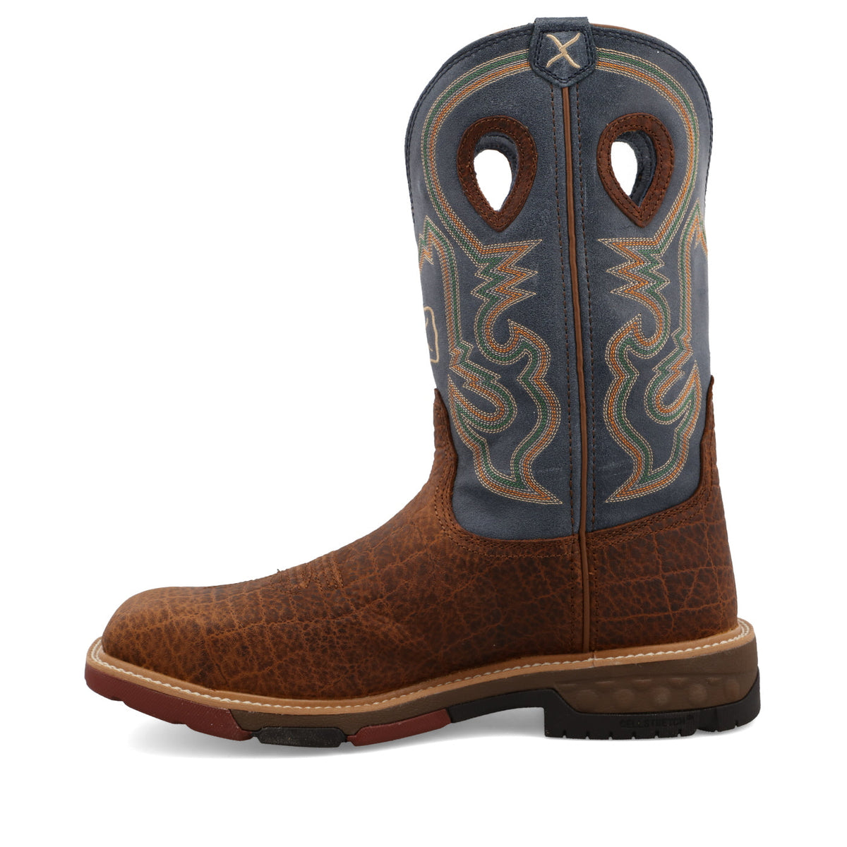 Allen's Bootery Twisted X men's distressed leather western work boot with peacock blue shaft and alloy safety toe.