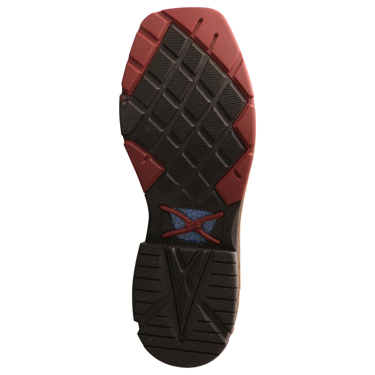 Allen's Bootery Twisted X men's work boot showing the oil and slip-resistant brown and red rubber outsole