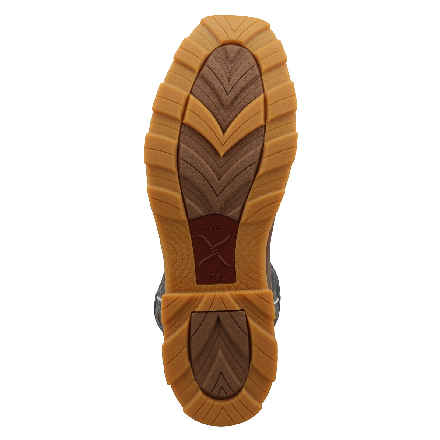 Allen's Bootery UltraLite X work boot showing the brown and tan oil-resistant rubber outsole with a block heel.