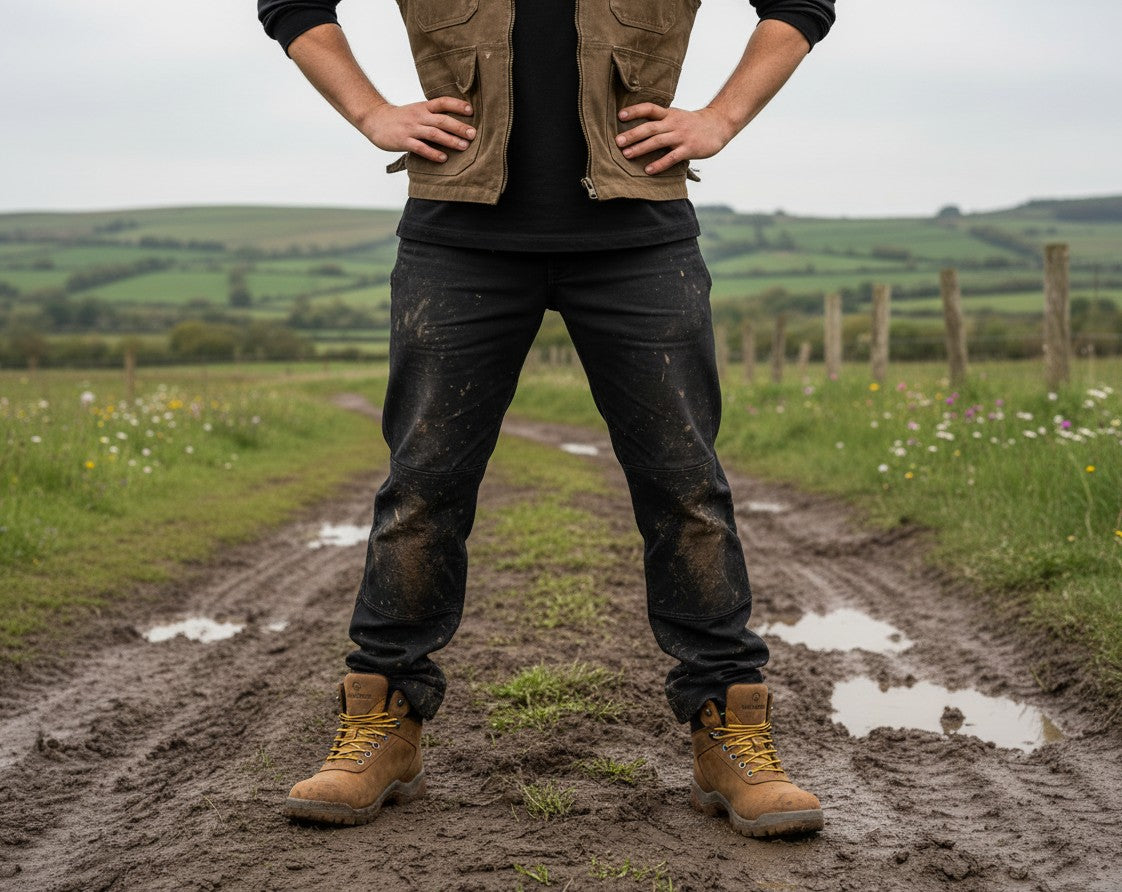 Allen's Bootery Vantage 6-inch waterproof leather work boots with CarbonMAX safety toe on a muddy outdoor trail.