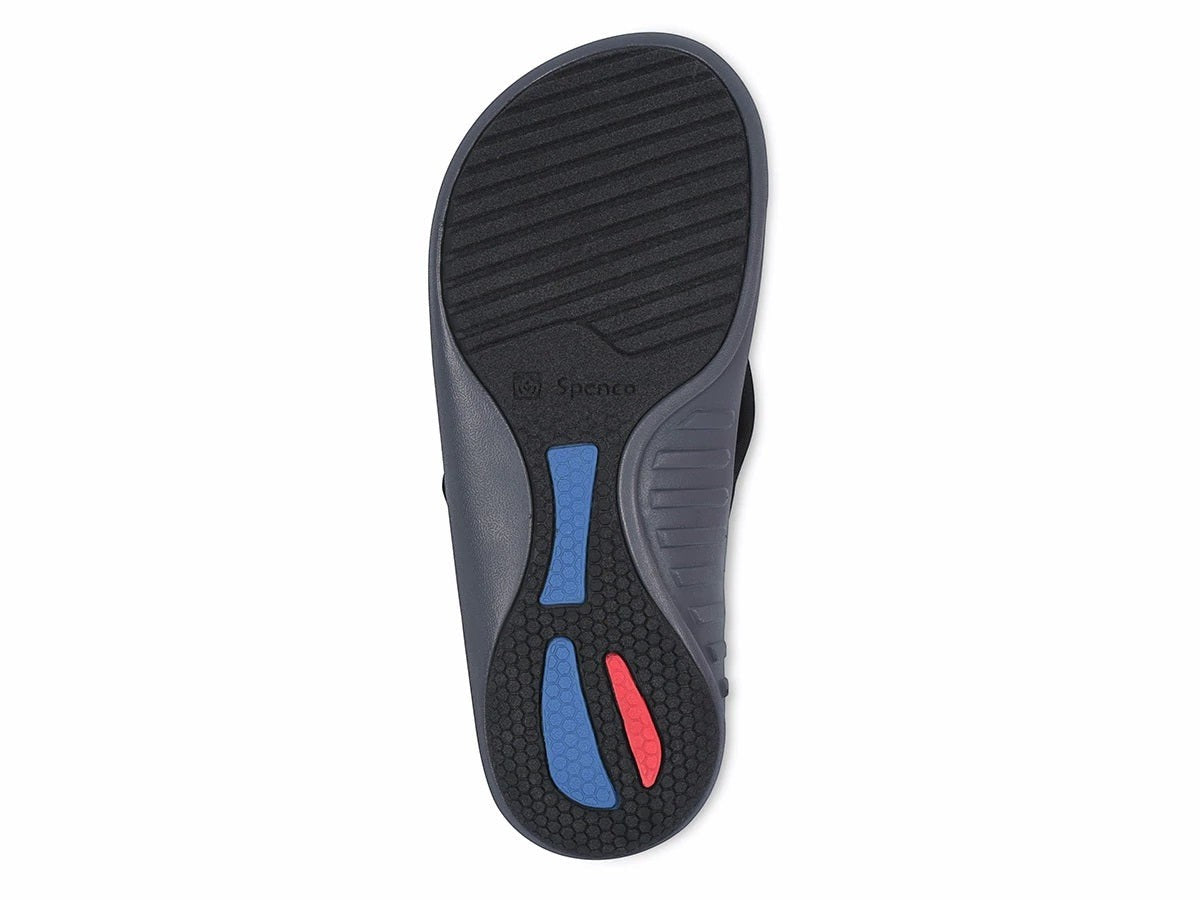 Allen's Bootery Victoria black sandal showing the non-slip molded EVA outsole with blue and red support details.