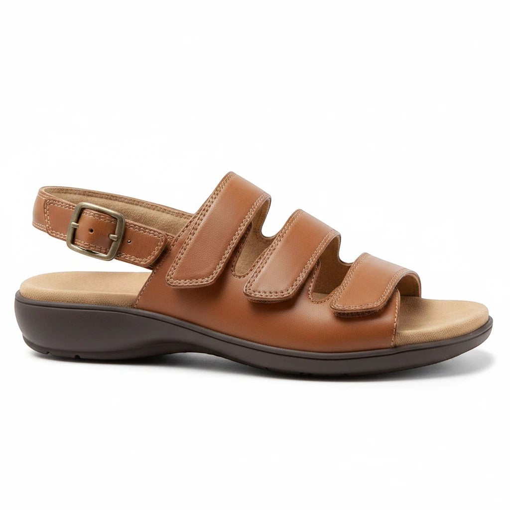 Allen's Bootery Vine brown leather sandals with adjustable hook and loop straps, buckle back, and memory foam footbed.