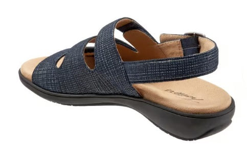 Allen's Bootery Vine navy blue leather sandals with adjustable straps and a cushioned memory foam footbed