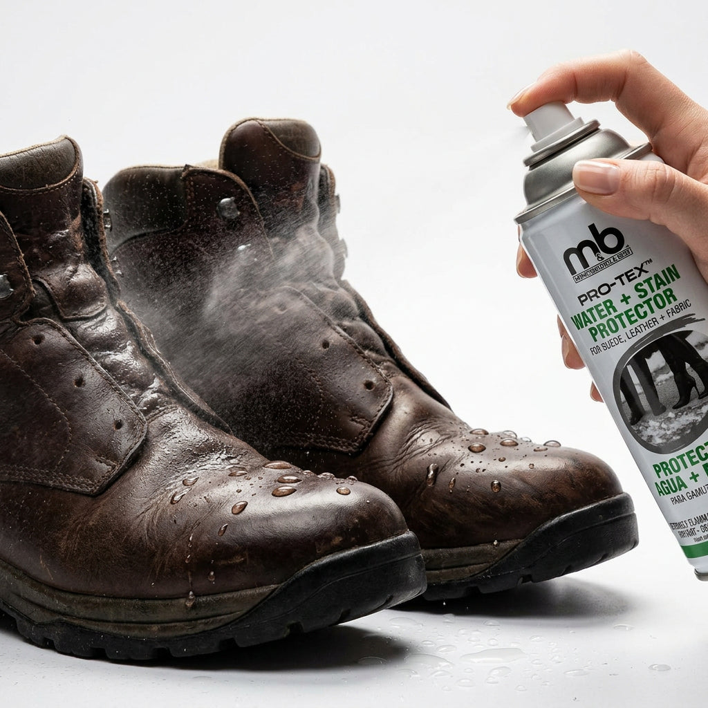 Allen's Bootery M&B Pro-Tex water and stain repellent spray being applied to brown leather hiking boots