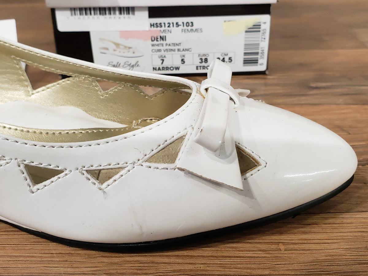 Allen's Bootery Soft Style by Hush Puppies Deni white patent leather slingback flat with bow detail and cutout trim