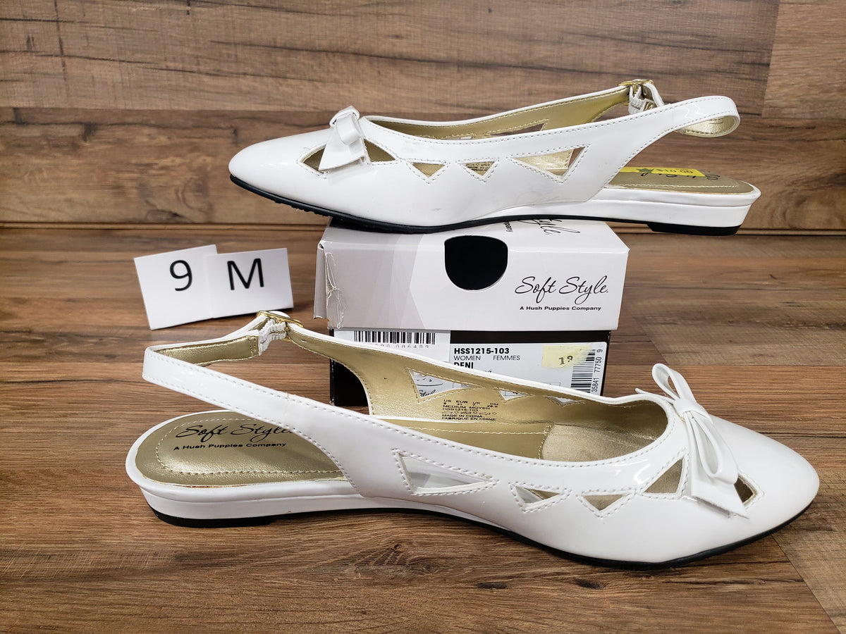Allen's Bootery Soft Style by Hush Puppies Deni white patent leather slingback flats with bow and cutout details