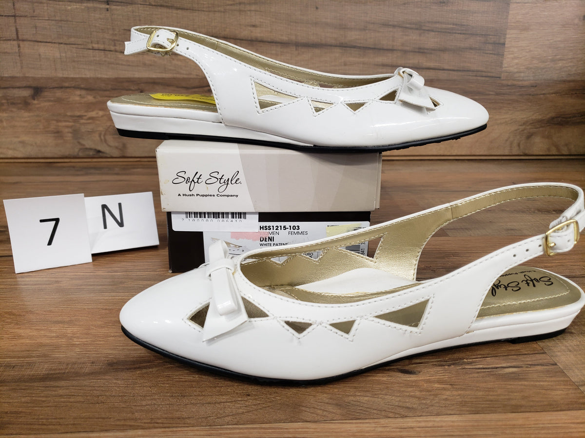 Allen's Bootery Soft Style by Hush Puppies Deni white patent leather slingback flats with bow and cutout details.