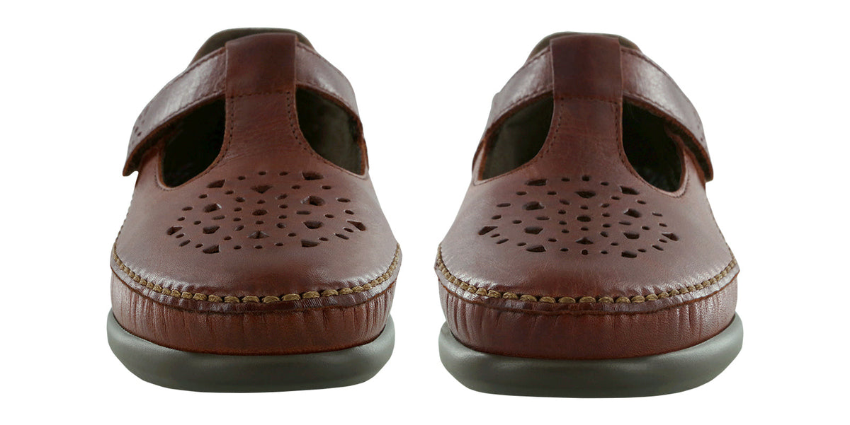 Allen's Bootery Willow walnut leather moccasins featuring a stylish cutout pattern and adjustable EZ strap