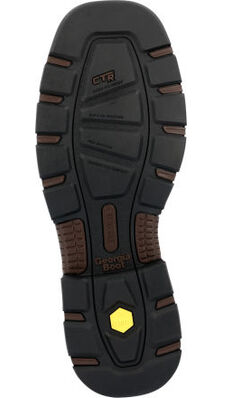 Allen's Bootery Georgia Boot Carbo-Tec FLX work boot outsole featuring a slip-resistant tread pattern and yellow logo
