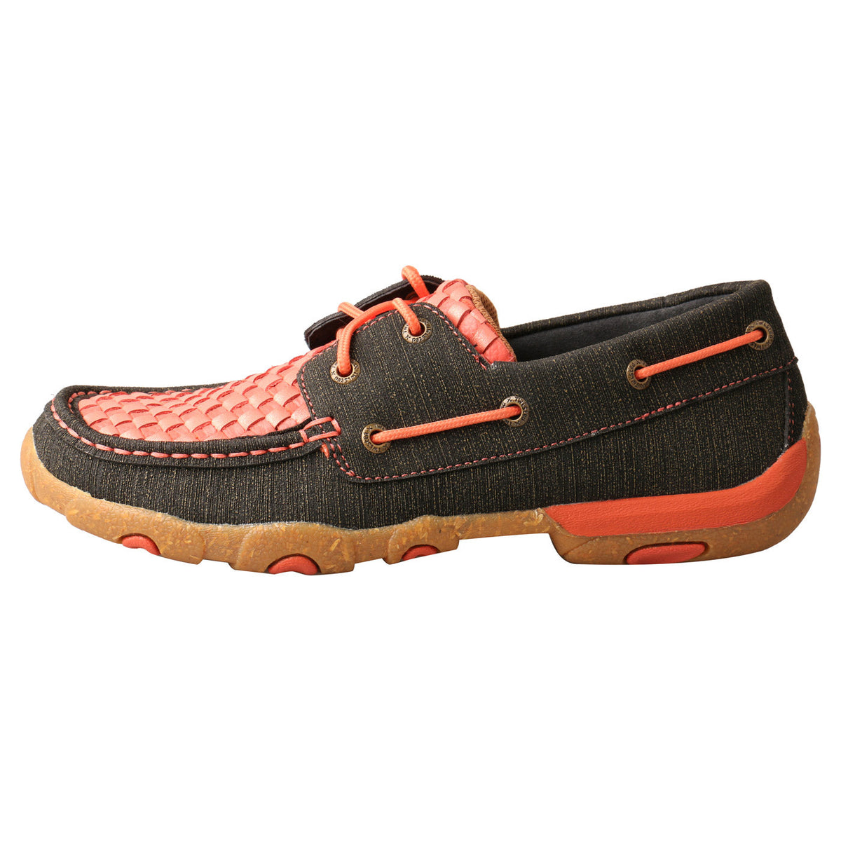Allen's Bootery WDM0141 woven coral boat shoe with dark hybrid leather, moc toe, and durable rubber driving outsole.