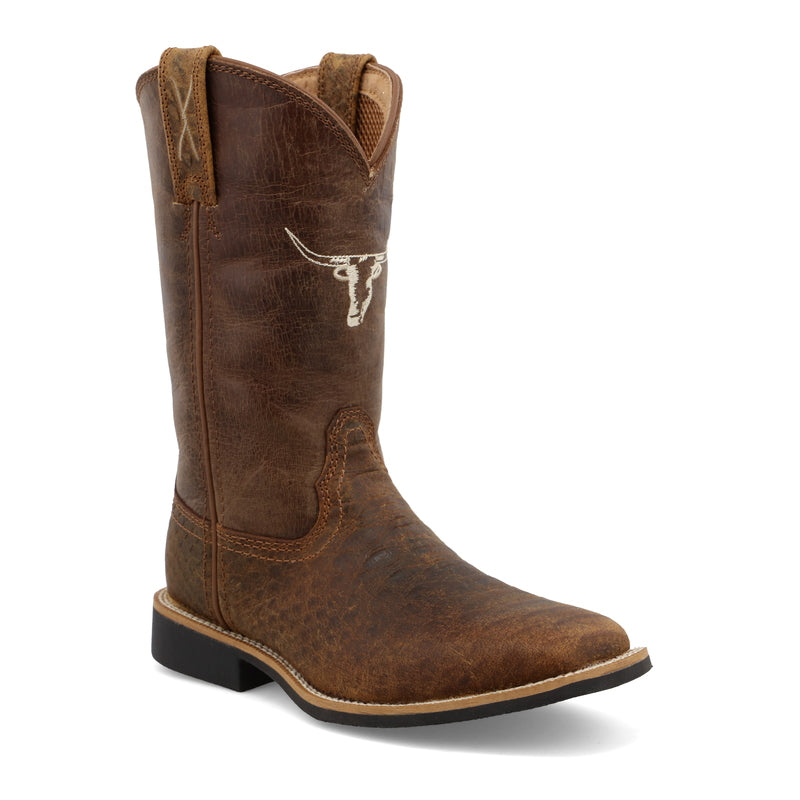 Allen's Bootery youth tan and chocolate caiman print leather cowboy boot with white bull embroidery on the shaft.
