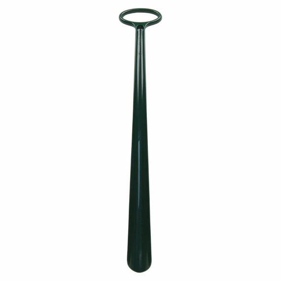 Allen's Bootery 24-inch green plastic ovalette shoe horn with an easy-grip handle for standing use.