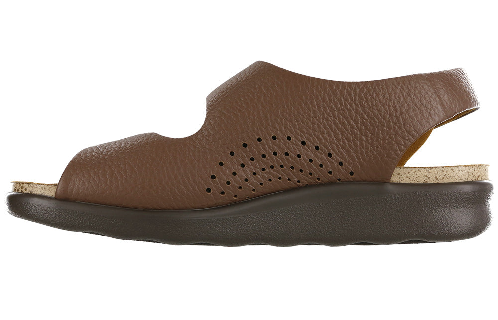 Allen's Bootery Relaxed amber leather sandal with side perforations, cushioned footbed, and low heel side profile.