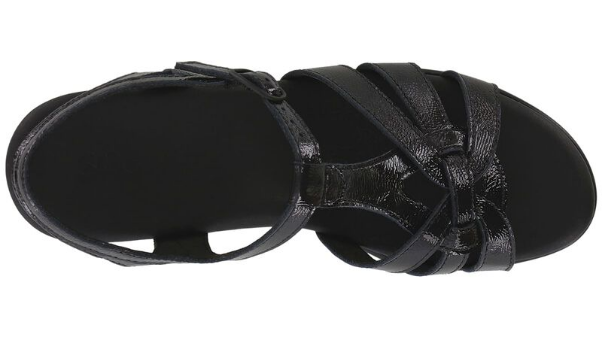Allen's Bootery Aurora carbon black sandals with adjustable buckle straps and cushioned footbed, top view.