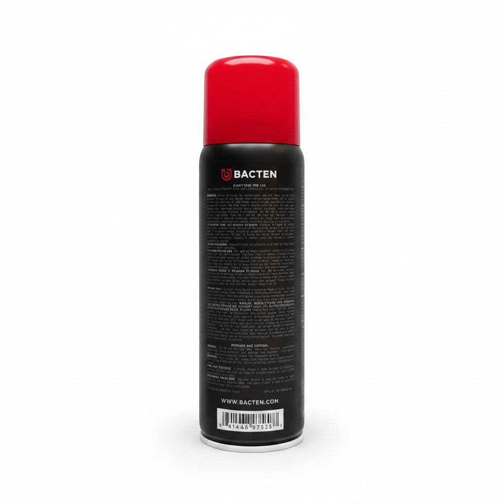 Allen's Bootery Bacten shoe disinfectant and deodorizer spray can with red cap and black body with white text.