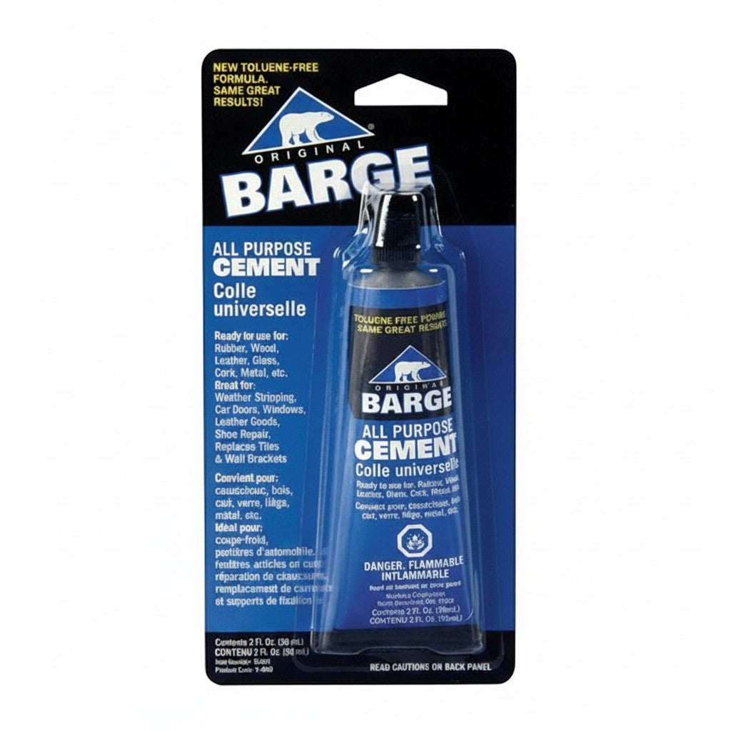 Allen's Bootery Original Barge All Purpose Cement Adhesive, toluene-free formula for rubber, wood, leather, glass, cork, metal, and more. 2 fl oz.