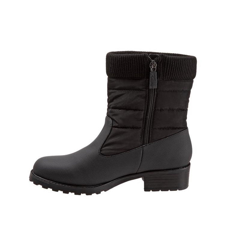 Allen's Bootery Berry Mid black weatherproof winter boot with a padded knit collar, side zipper, and rubberized sole.