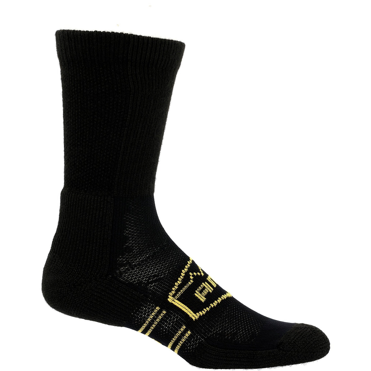 Allen's Bootery black Georgia Boot AMP MAX crew socks with yellow branding and targeted compression zones