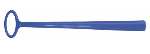 Allen's Bootery 24-inch blue plastic shoe horn with an easy-grip oval handle for standing use.