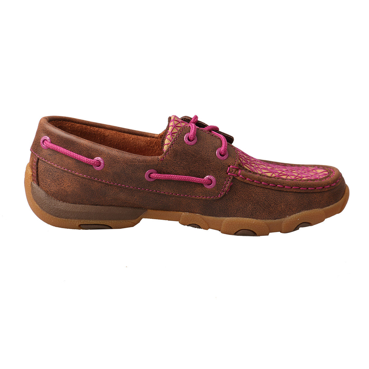 Allen's Bootery WDM0066 driving moc in bomber brown leather with purple mesh accents and durable rubber outsole.