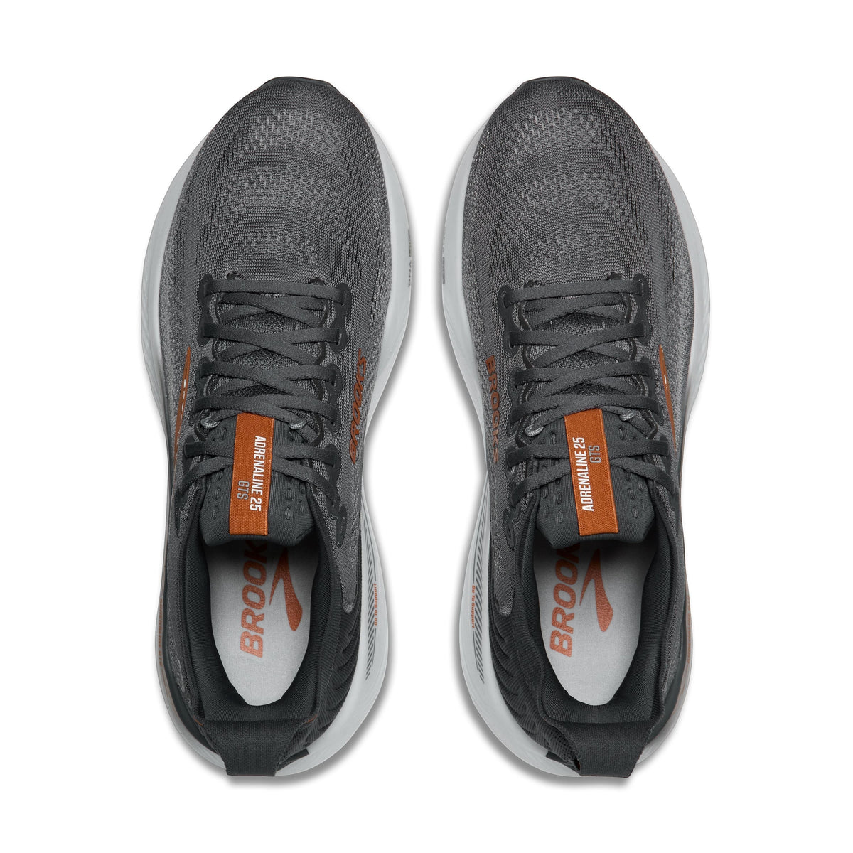 Allen's Bootery Brooks Adrenaline 25 men's running shoes in turbulence grey and brown, top-down view.