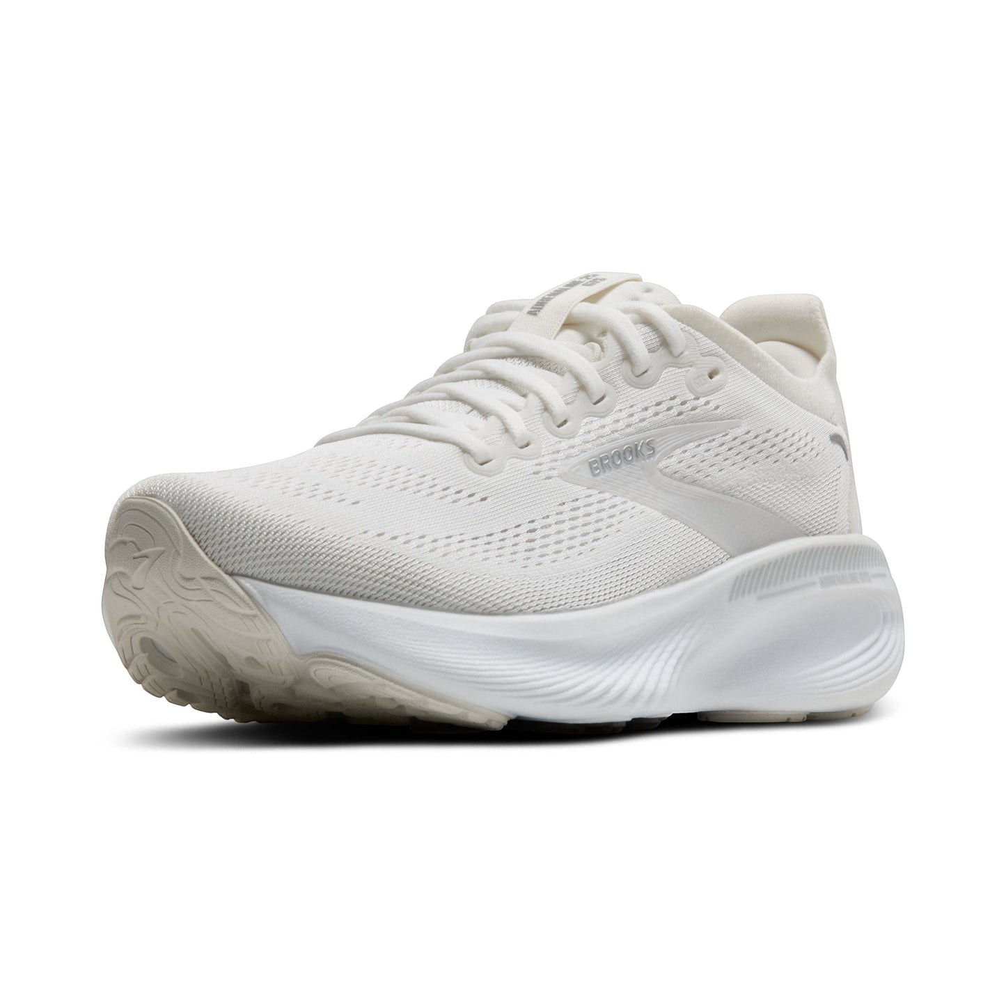Allen's Bootery Brooks Adrenaline 25 women's road running shoe in white with silver accents and breathable mesh upper.