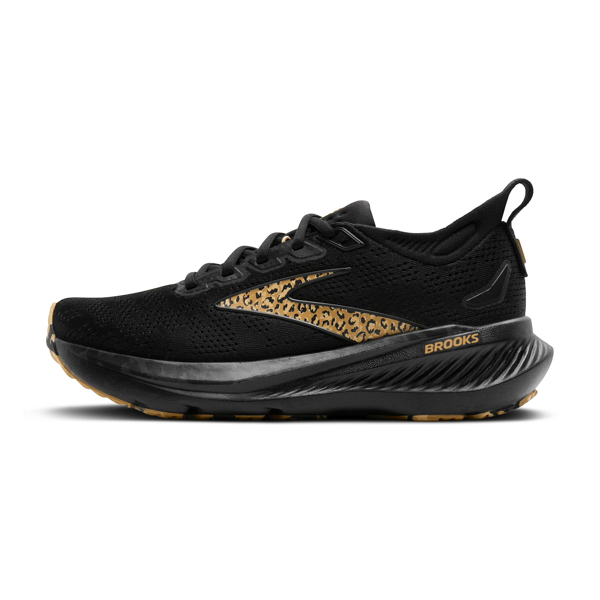 Allen's Bootery Women's black Brooks Glycerin 23 running shoes with leopard print accents and a gum sole.