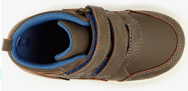 Allen's Bootery Cedric brown machine washable boots for little boys with hook and loop closure and blue lining