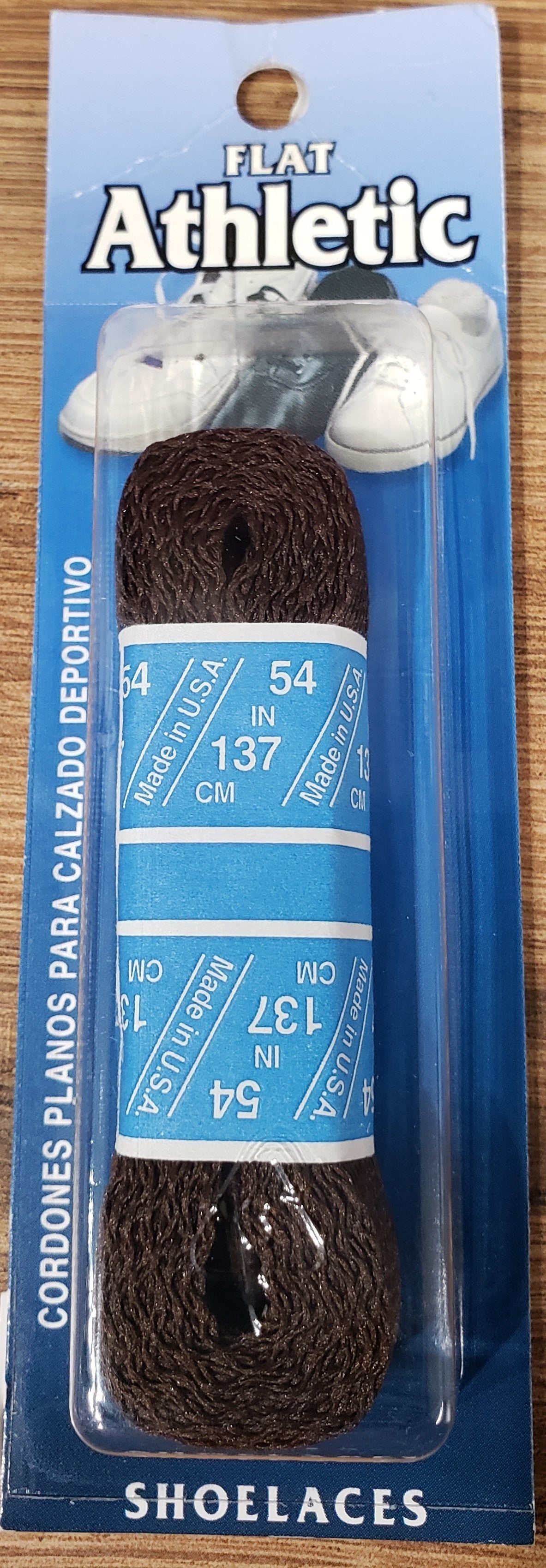 Allen's Bootery brown flat athletic shoelaces in original retail packaging, made in the USA.