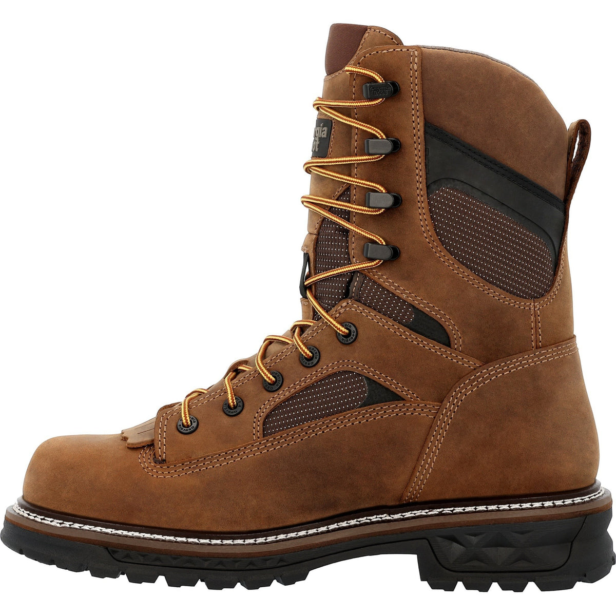 Allen's Bootery brown leather and textile 9-inch composite toe waterproof logger work boot with lace-up closure