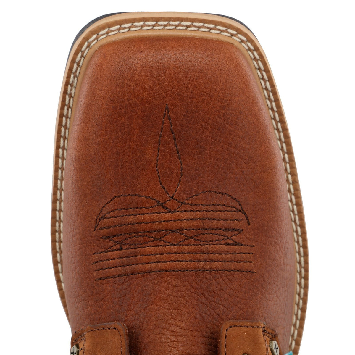 Allen's Bootery brown full-grain leather steel toe western boot with decorative stitching and lace-up closure.
