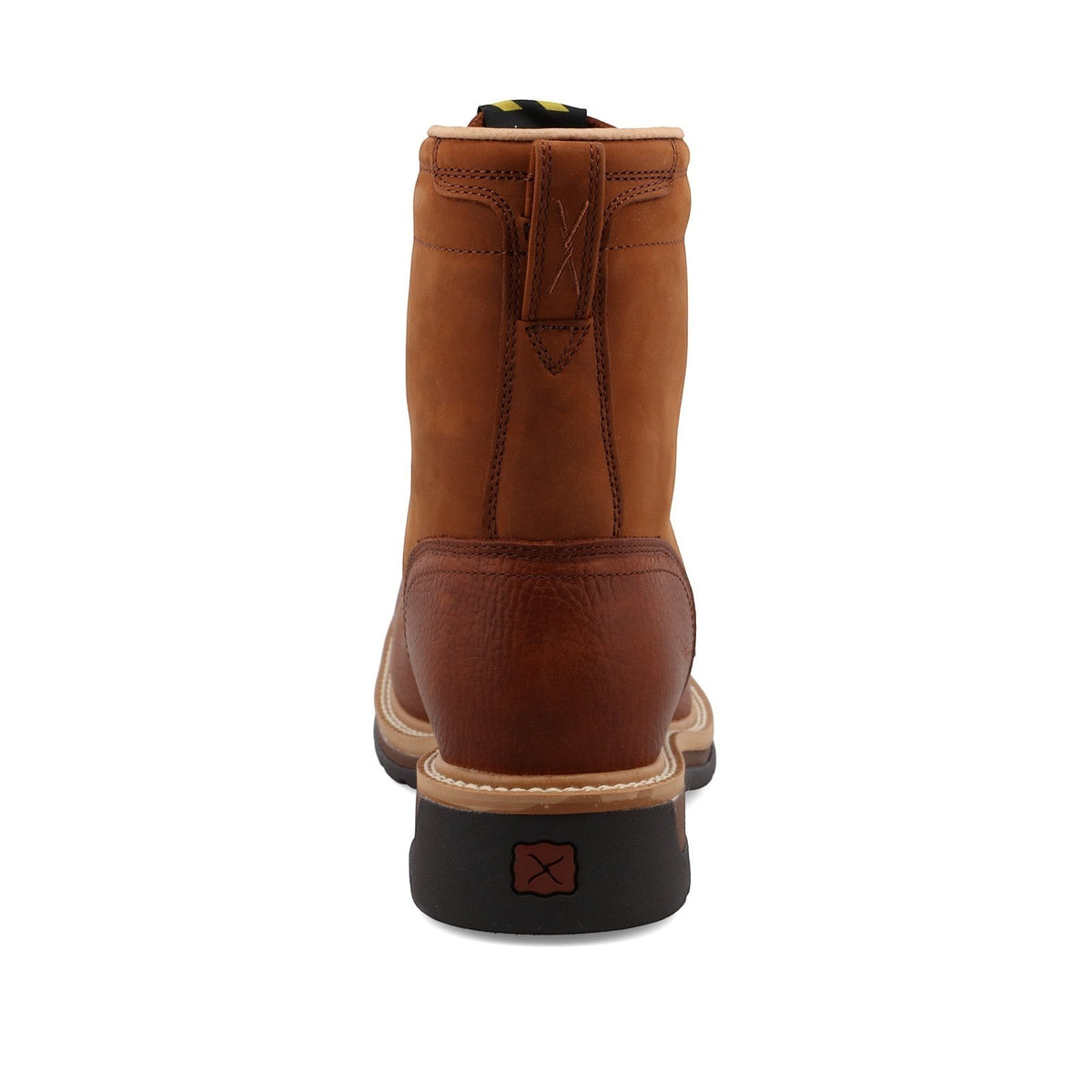 Allen's Bootery brown full-grain leather 8" steel toe work boot with lace-up design and oil/slip-resistant sole.