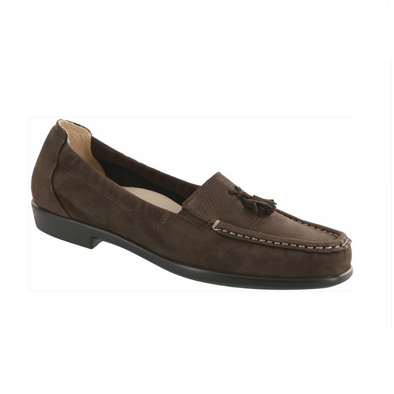 Allen's Bootery Hope brown leather moccasin loafer with tassel detail and hand-laced stitching