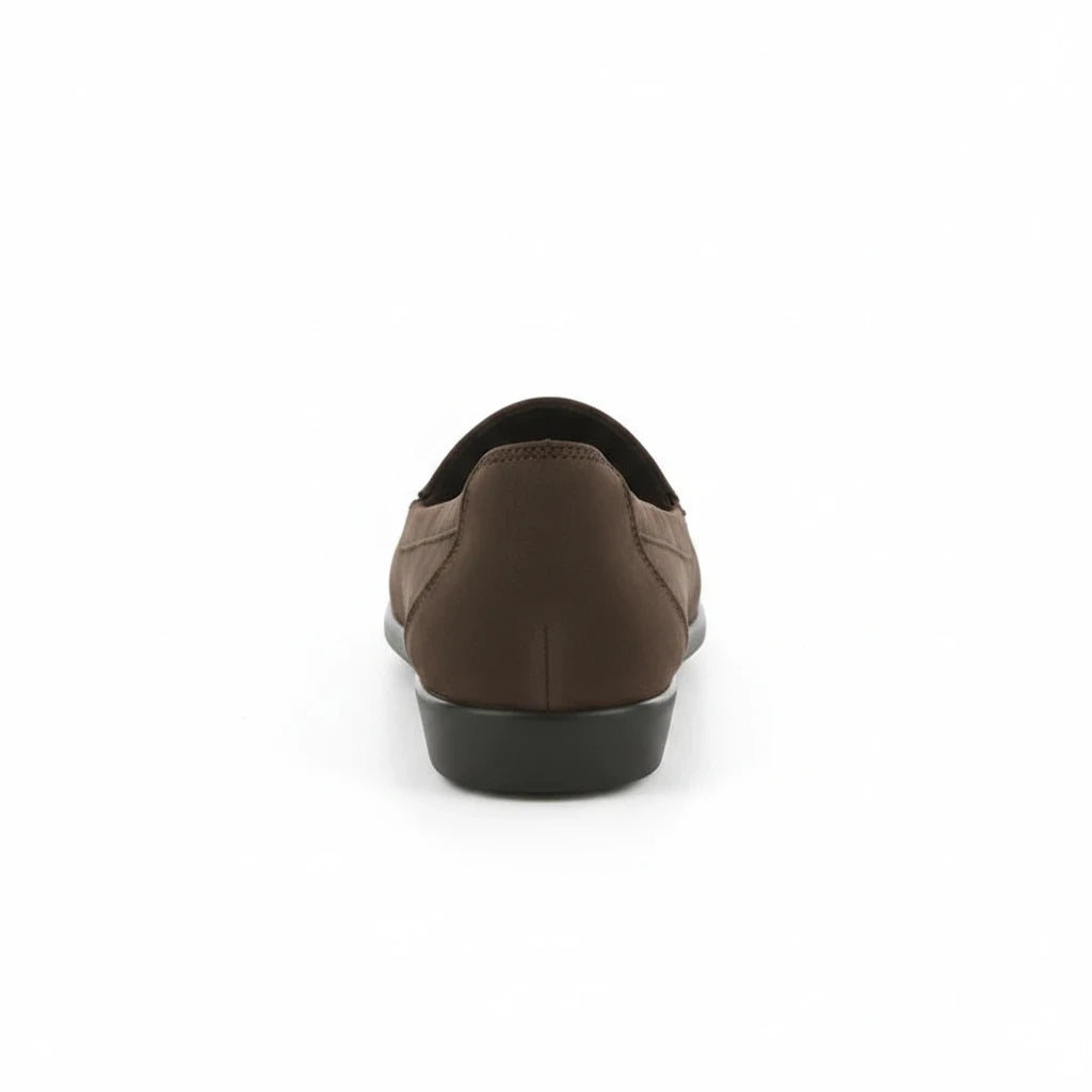 Rear view of Allen's Bootery Hope brown leather loafer with a shock-absorbing sole and elasticized topline