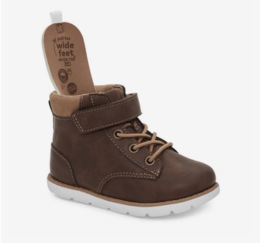 Allen's Bootery brown toddler boots with hook-and-loop closure, memory foam footbed, and removable wide-fit insole.