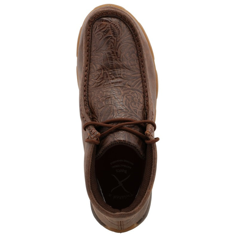 Allen's Bootery brown chukka boot featuring a western-inspired floral tooled leather-look vamp and lace-up closure.